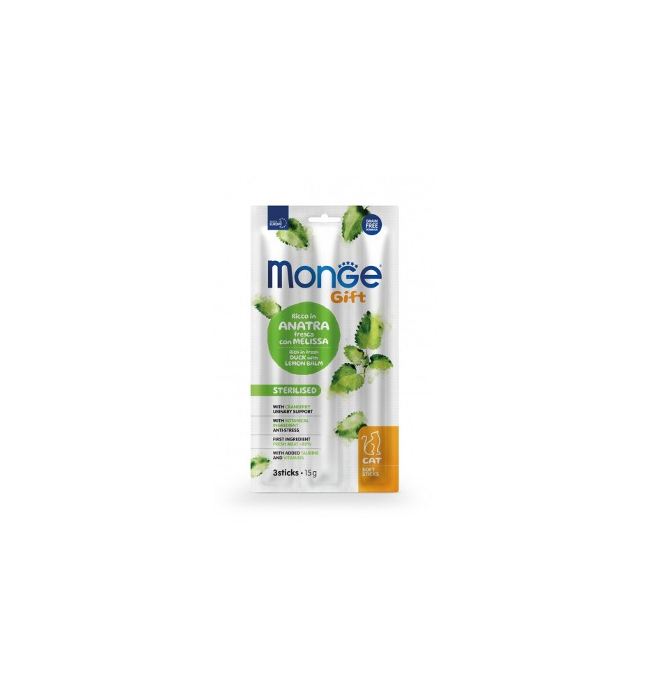 Monge Gift Sterilised Gatto Ricco in Anatra Fresca con Melissa e Mirtilli Rossi Soft Sticks