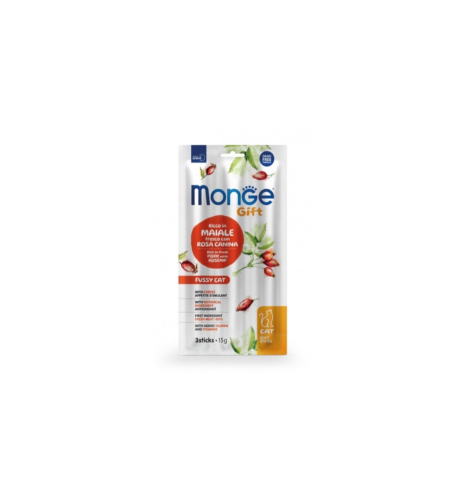 Monge Gift Gatto Appetito Difficile Ricco in Maiale Fresco con Rosa Canina e Formaggio Soft Sticks