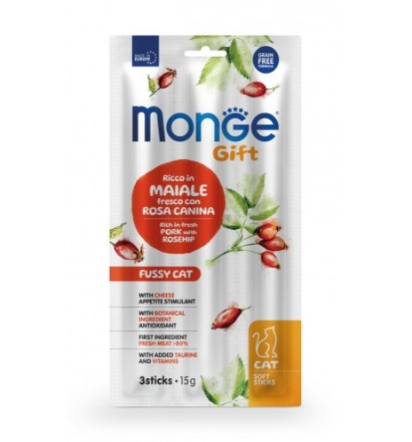 Monge Gift Gatto Appetito Difficile Ricco in Maiale Fresco con Rosa Canina e Formaggio Soft Sticks Monge Gift Gatto Appetito Difficile Ricco in Maiale Fresco con Rosa Canina e Formaggio Soft Sticks