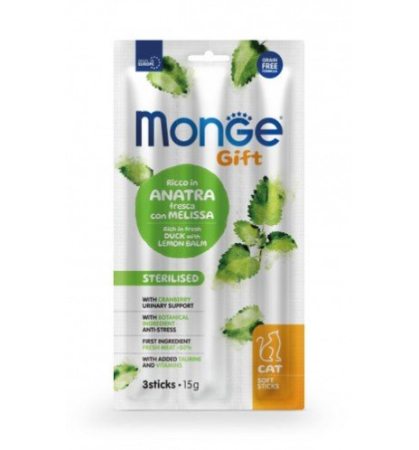 Monge Gift Sterilised Gatto Ricco in Anatra Fresca con Melissa e Mirtilli Rossi Soft Sticks
